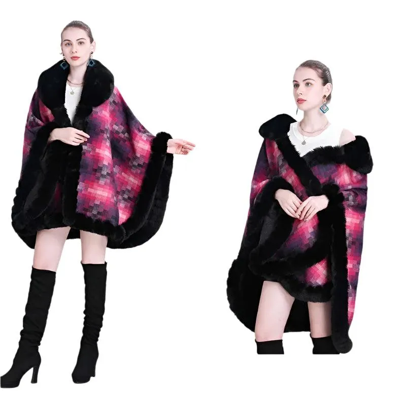 Women's Thicken Lining Woolen Faux Rabbit Fur Cloak Overcoat - Vintage Winter Cape