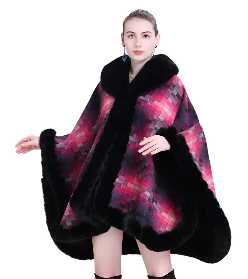 Women's Thicken Lining Woolen Faux Rabbit Fur Cloak Overcoat - Vintage Winter Cape