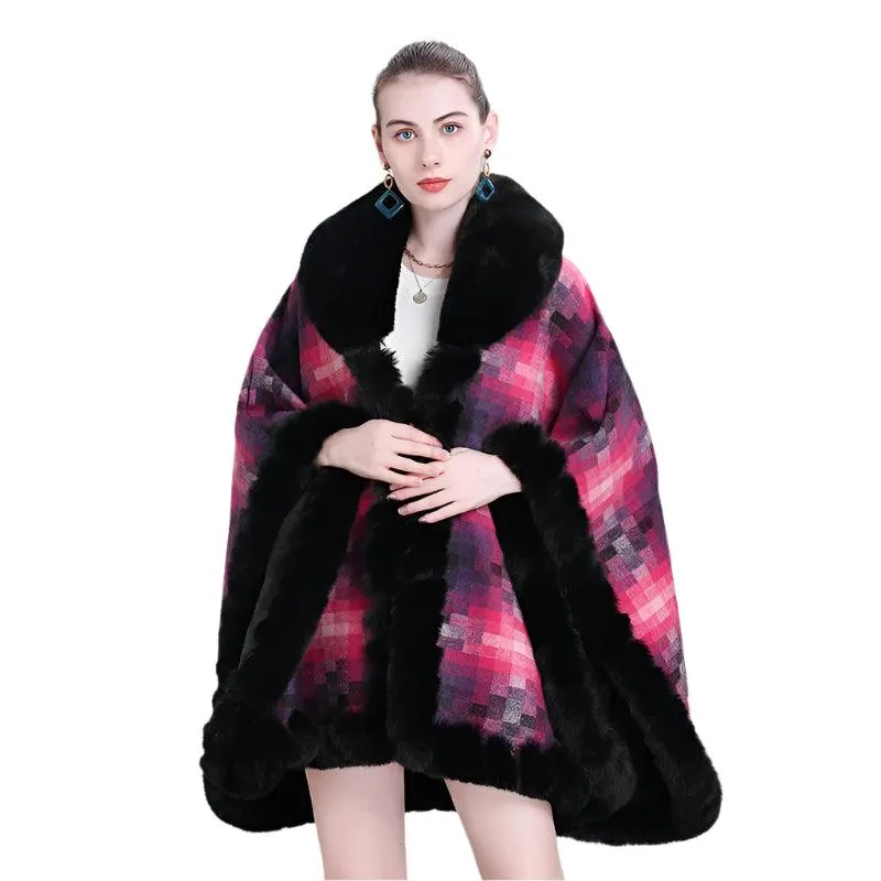 Women's Thicken Lining Woolen Faux Rabbit Fur Cloak Overcoat - Vintage Winter Cape