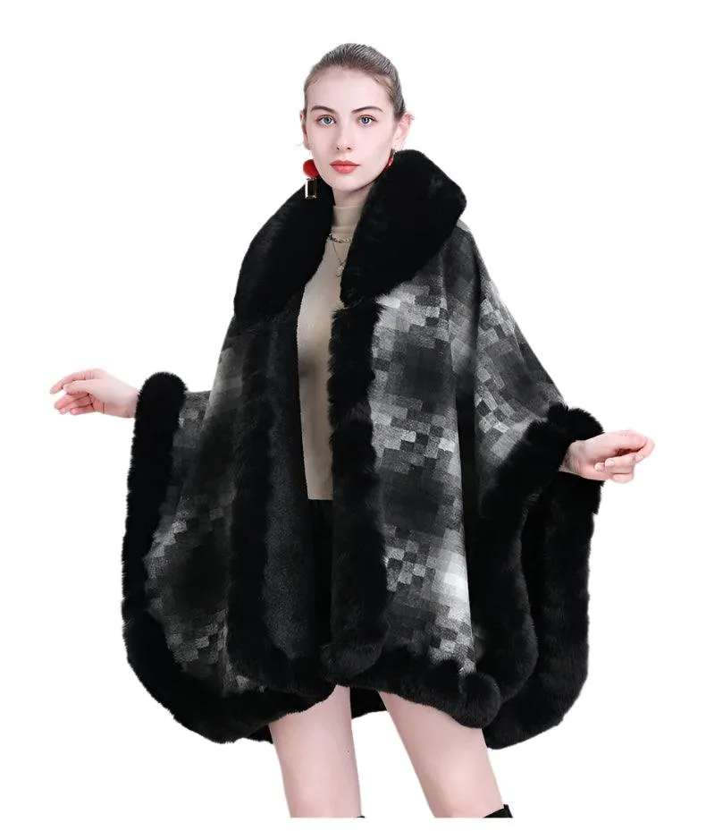 Women's Thicken Lining Woolen Faux Rabbit Fur Cloak Overcoat - Vintage Winter Cape