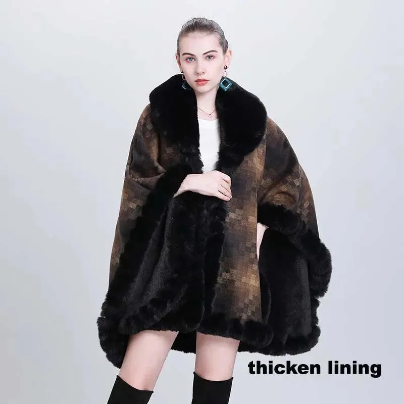 Women's Thicken Lining Woolen Faux Rabbit Fur Cloak Overcoat - Vintage Winter Cape