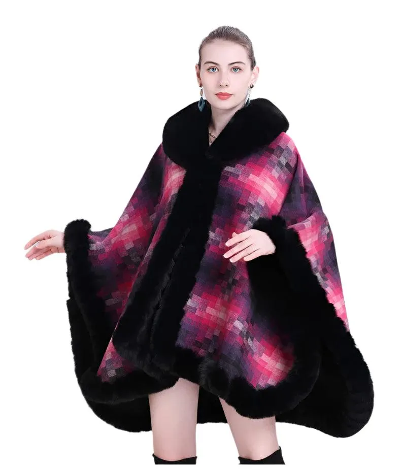 Women's Thicken Lining Woolen Faux Rabbit Fur Cloak Overcoat - Vintage Winter Cape