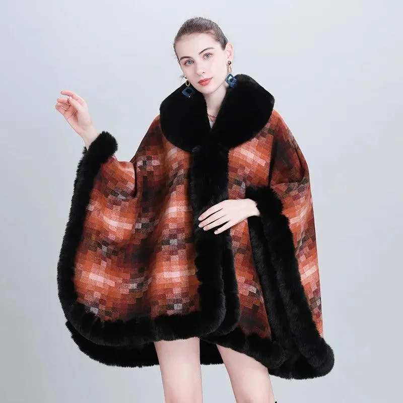 Women's Thicken Lining Woolen Faux Rabbit Fur Cloak Overcoat - Vintage Winter Cape