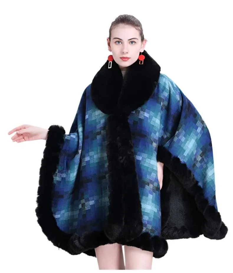 Women's Thicken Lining Woolen Faux Rabbit Fur Cloak Overcoat - Vintage Winter Cape