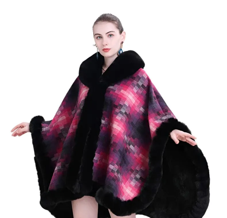 Women's Thicken Lining Woolen Faux Rabbit Fur Cloak Overcoat - Vintage Winter Cape