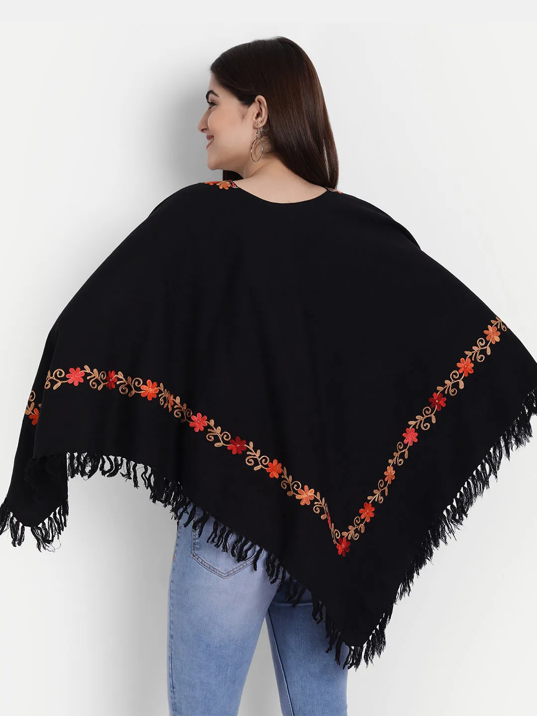 Woollen Poncho with Kashmiri Embroidery and Silk Lining | Black