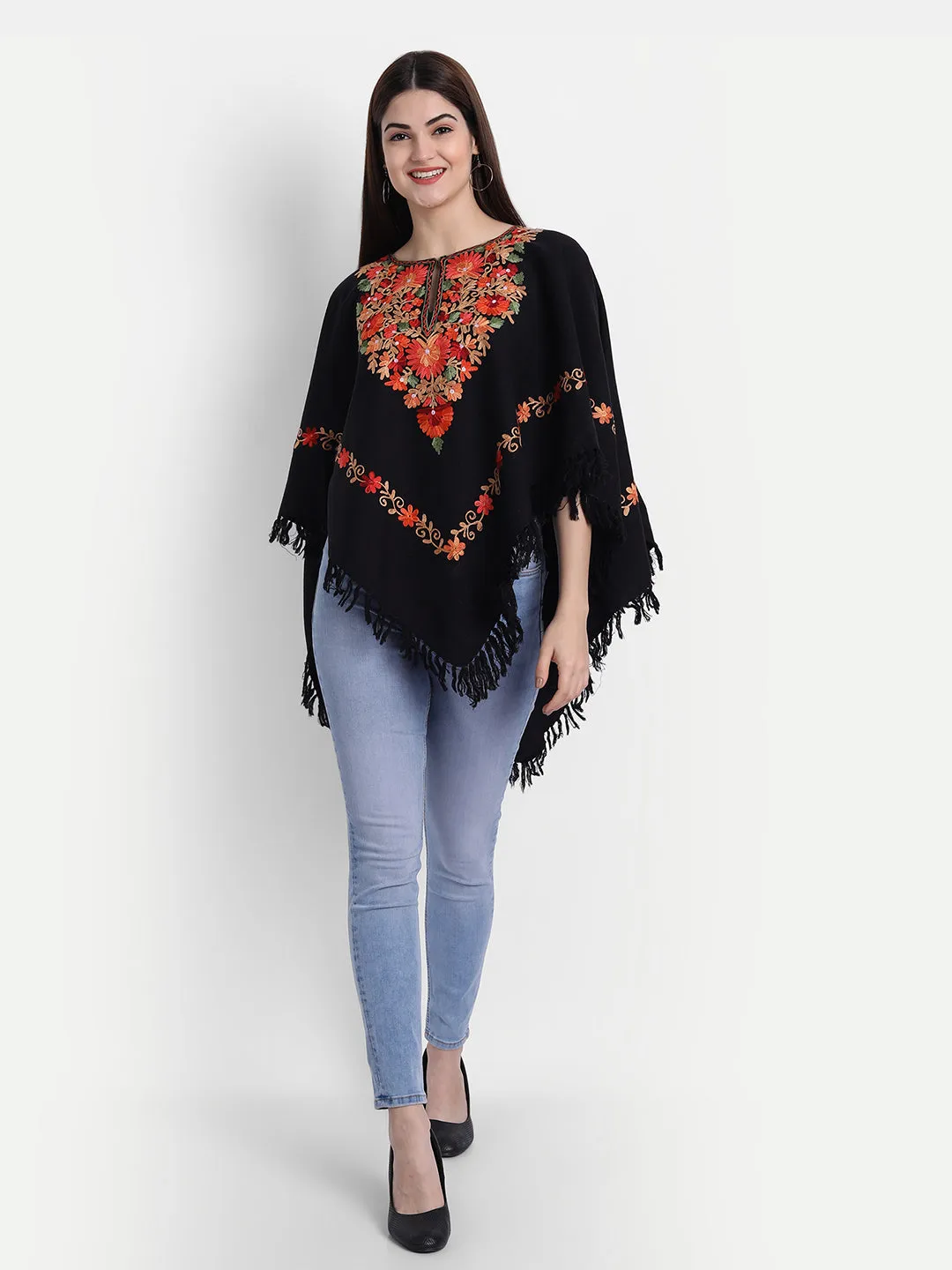 Woollen Poncho with Kashmiri Embroidery and Silk Lining | Black