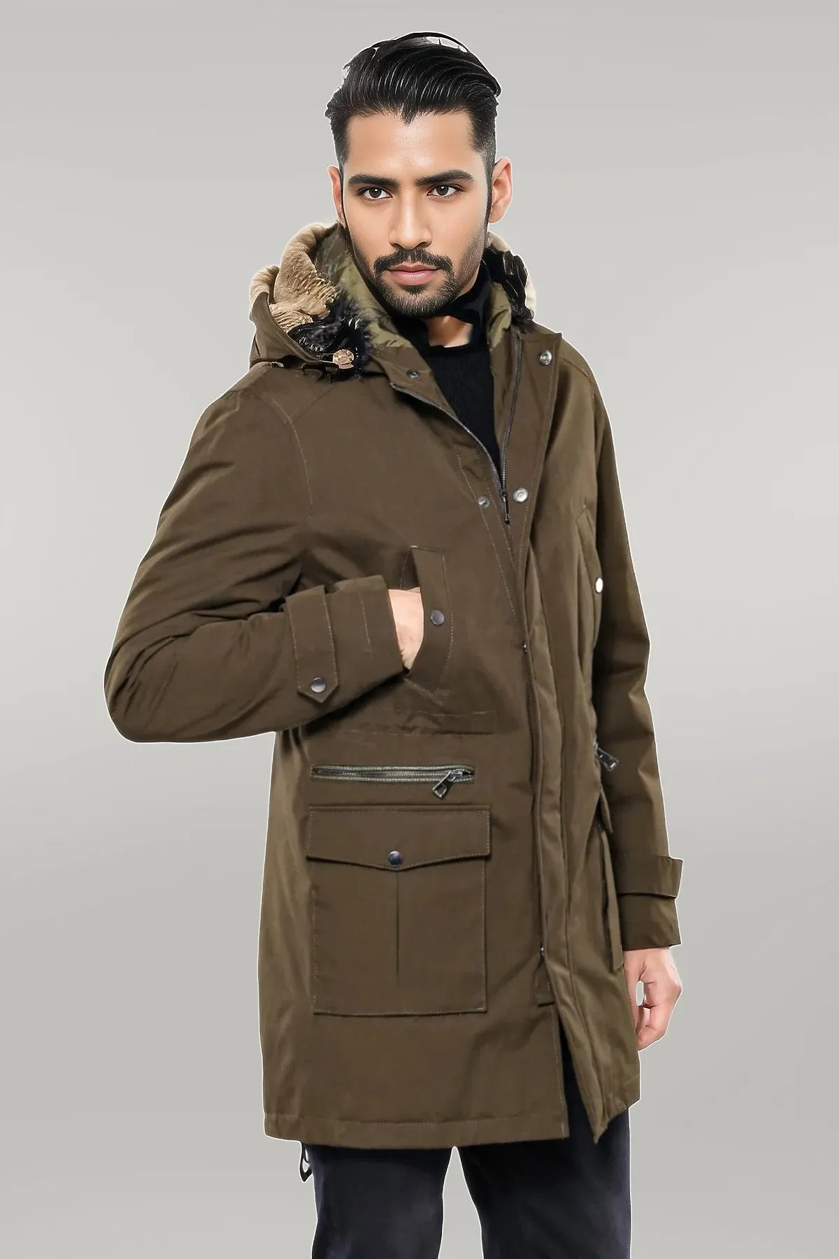WSS Fur Hooded Parka Khaki Men Coat  - Singen