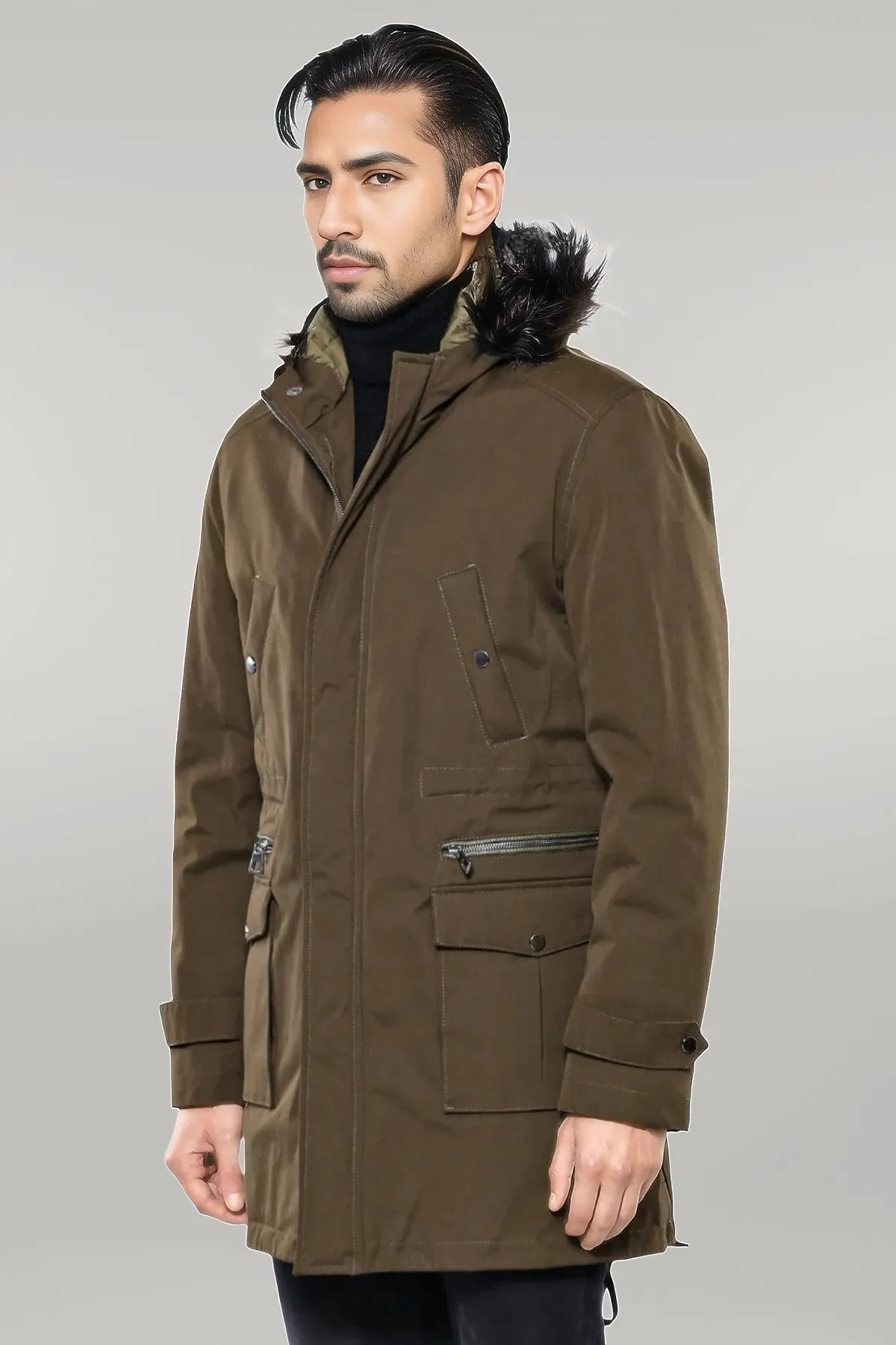WSS Fur Hooded Parka Khaki Men Coat  - Singen