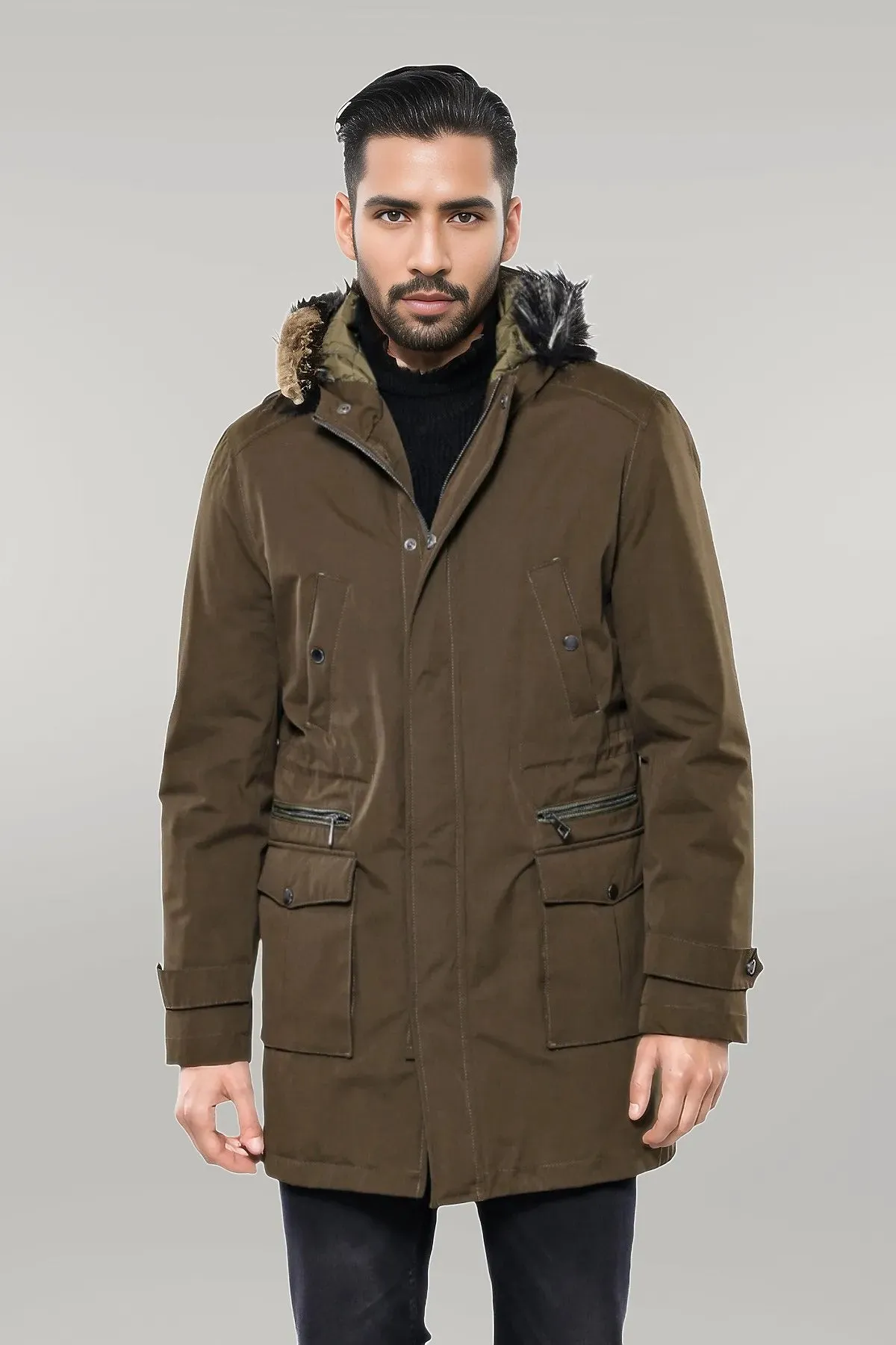WSS Fur Hooded Parka Khaki Men Coat  - Singen